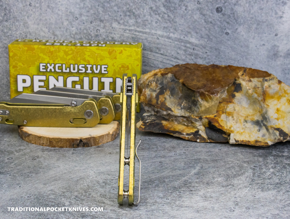 QSP Exclusive Penguin Glyde Lock Knife Gold Crystalized Titanium 154CM