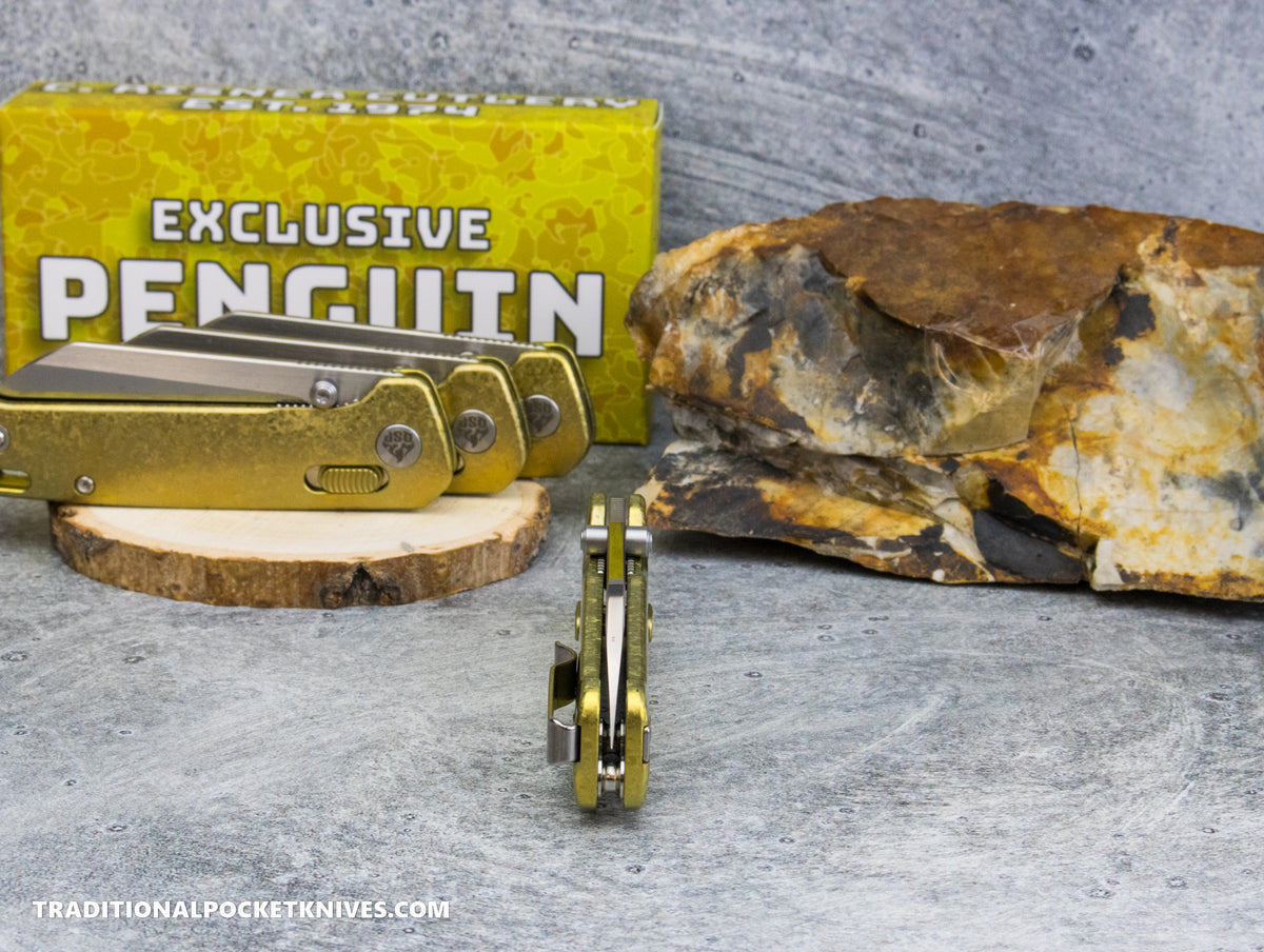 QSP Exclusive Penguin Glyde Lock Knife Gold Crystalized Titanium 154CM