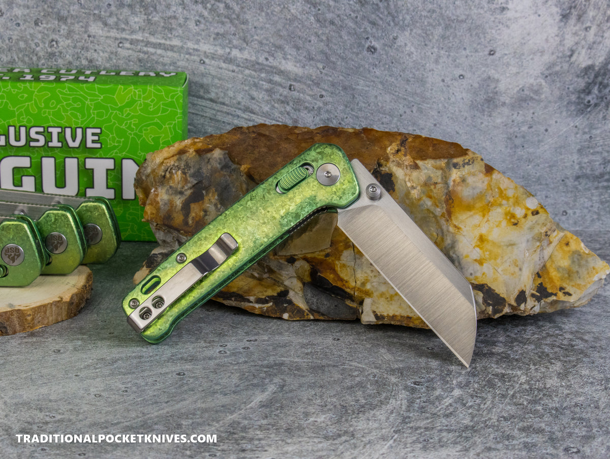 QSP Exclusive Penguin Glyde Lock Knife Green Crystalized Titanium 154CM