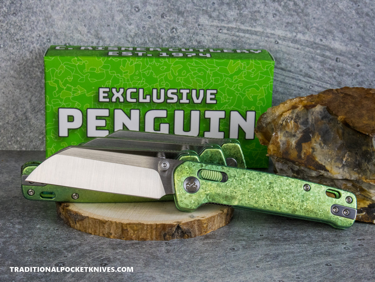 QSP Exclusive Penguin Glyde Lock Knife Green Crystalized Titanium 154CM
