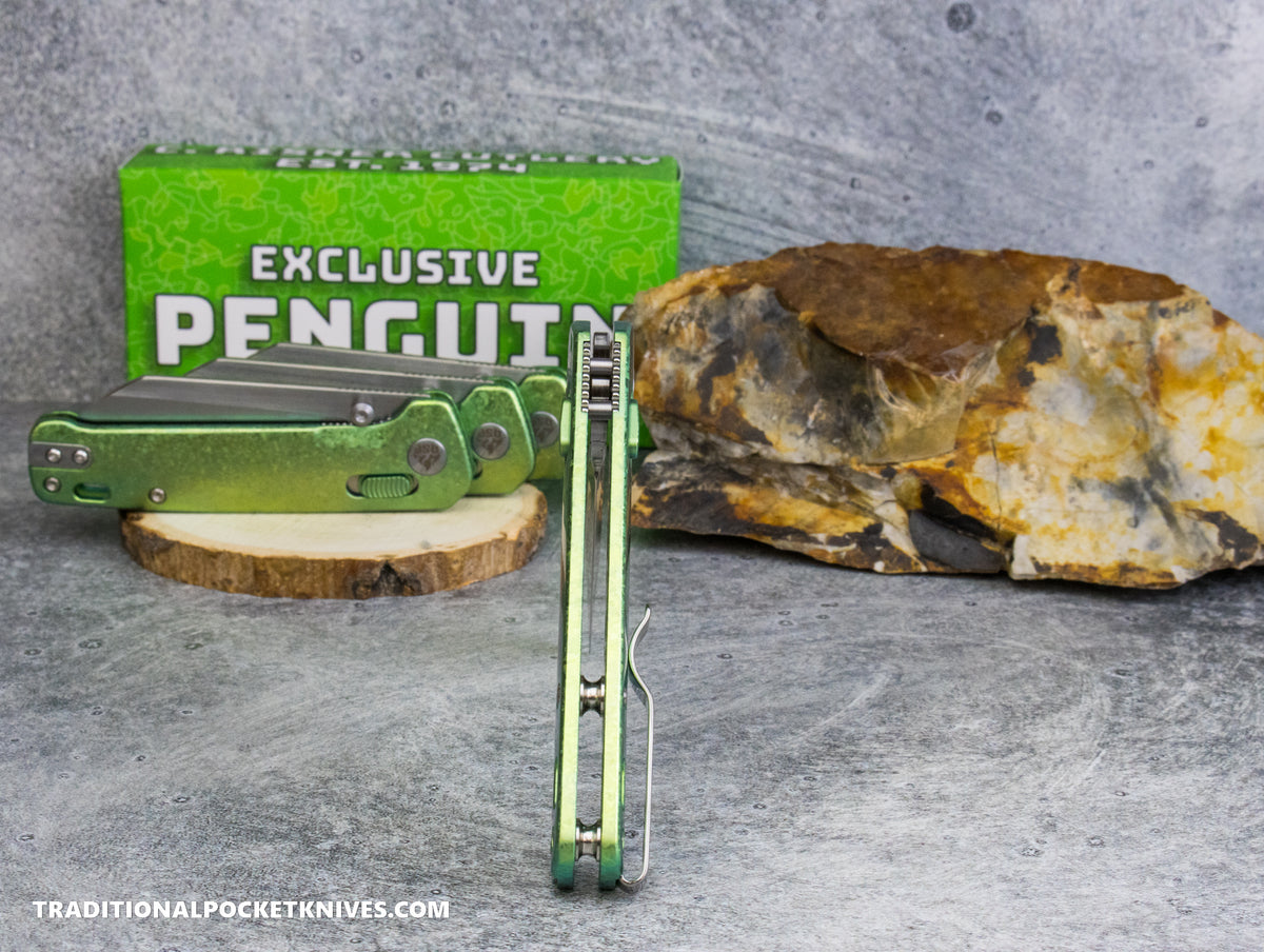 QSP Exclusive Penguin Glyde Lock Knife Green Crystalized Titanium 154CM