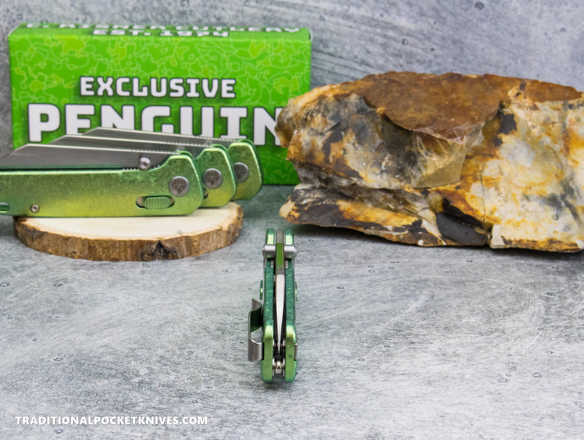 QSP Exclusive Penguin Glyde Lock Knife Green Crystalized Titanium 154CM