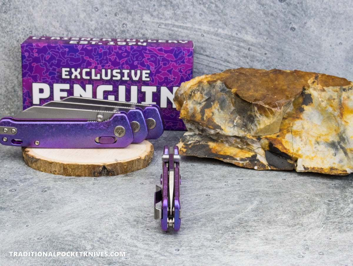 QSP Exclusive Penguin Glyde Lock Knife Purple Crystalized Titanium 154CM