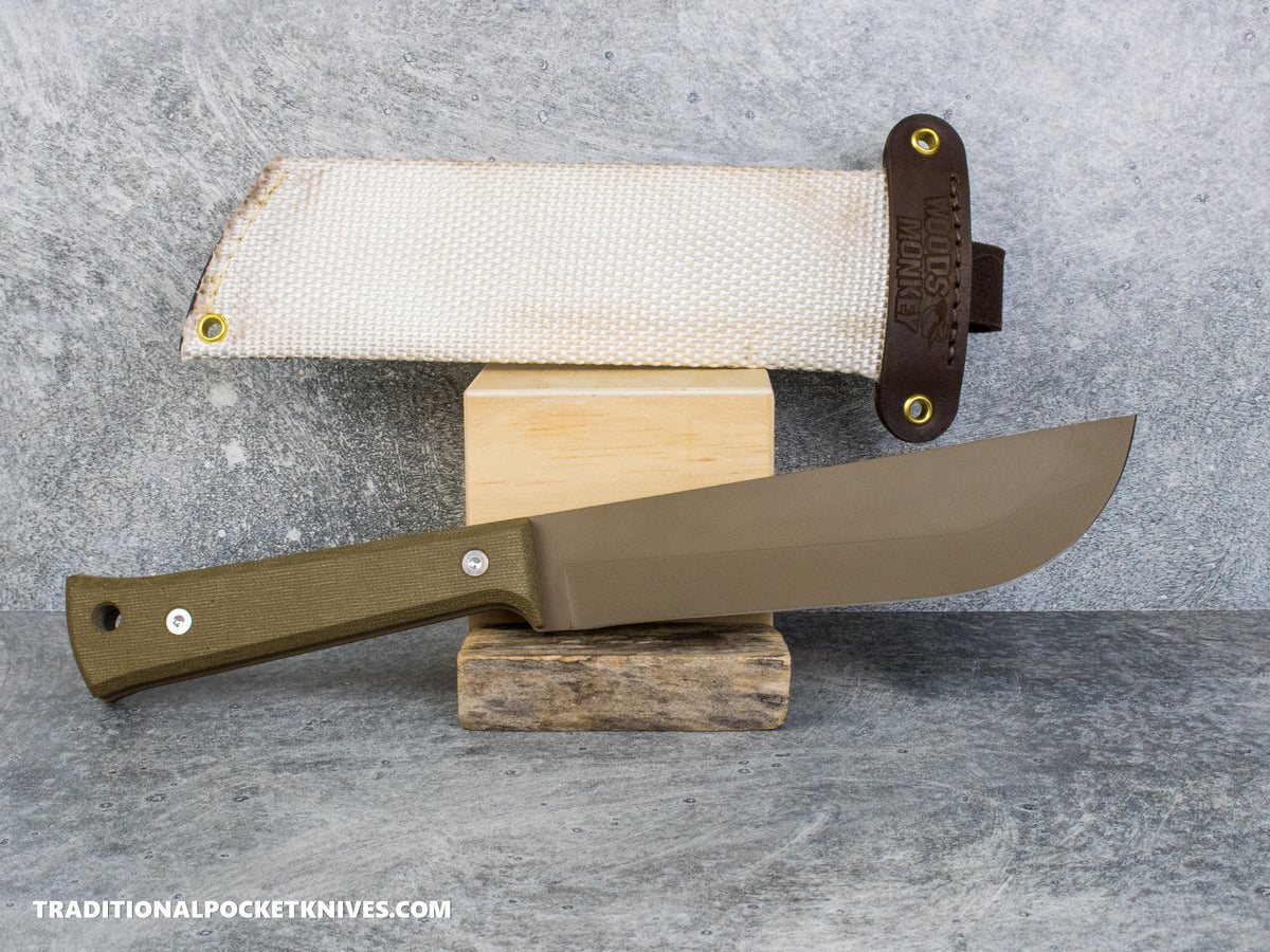 Woods Monkey Half/Chete - Green Micarta Tan Cerakote 1095 Firehose Sheath