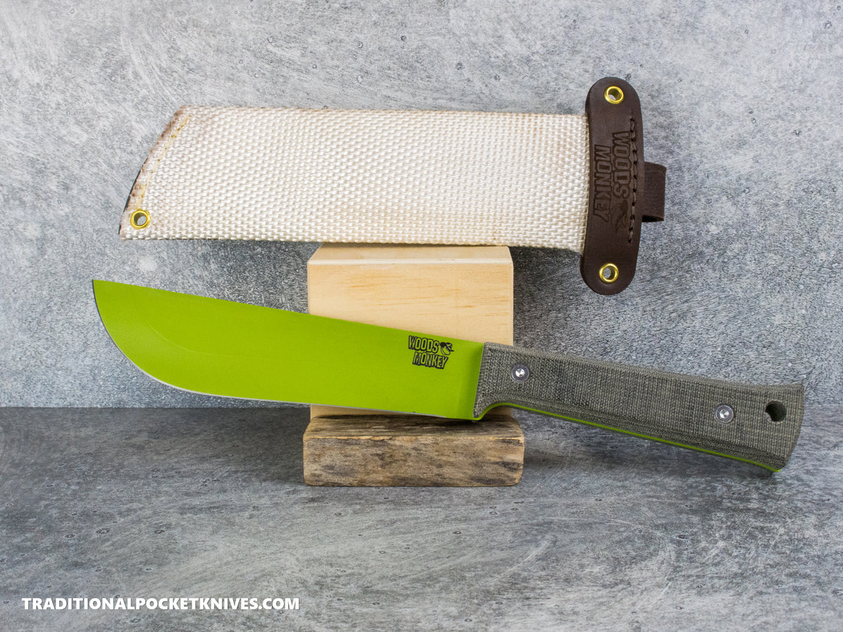 Woods Monkey Half/Chete - Black Micarta Toxic Green Cerakote 1095 Firehose Sheath