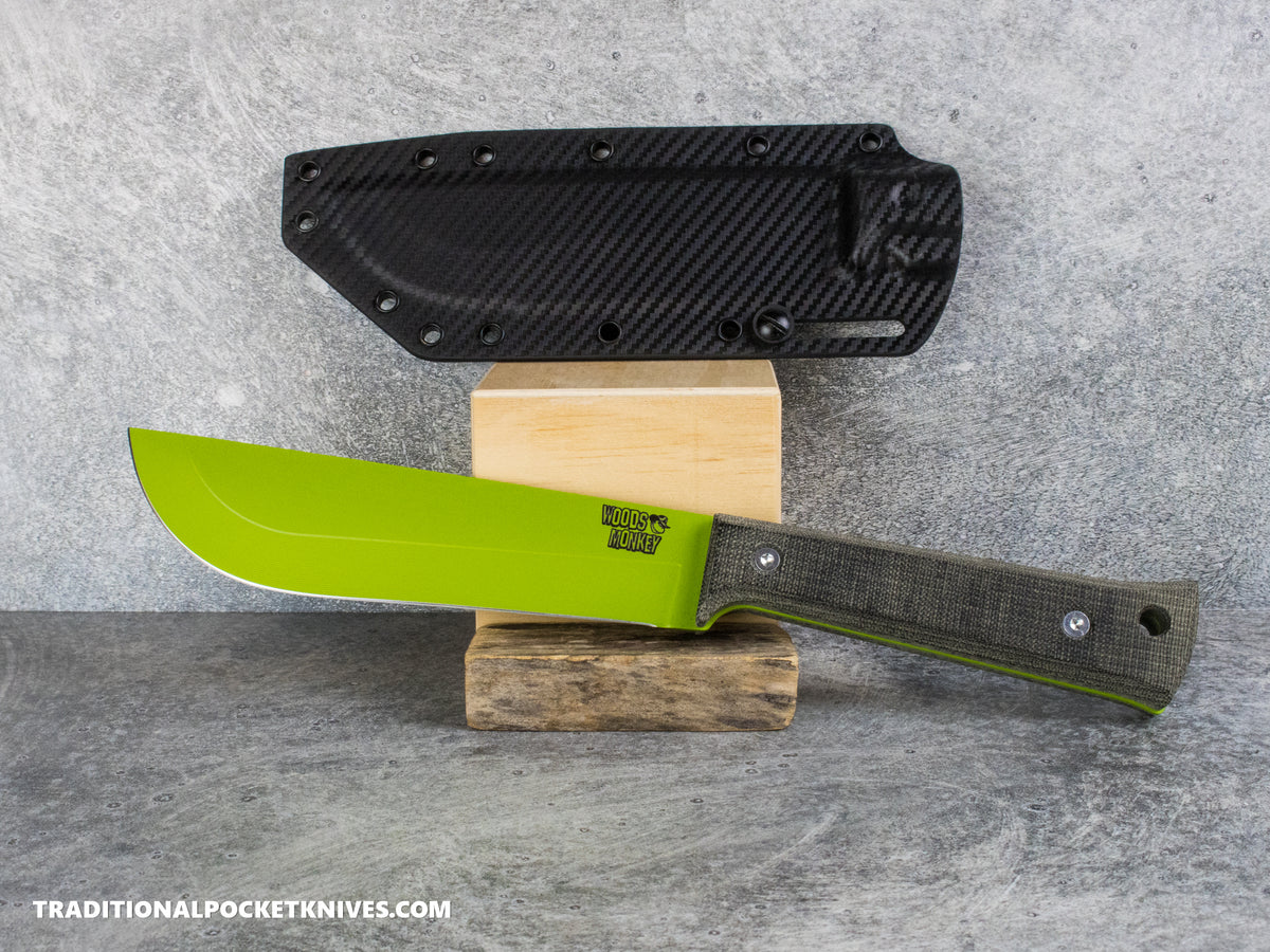 Woods Monkey Half/Chete - Black Micarta Toxic Green Cerakote 1095 Carbon Fiber Kydex Sheath