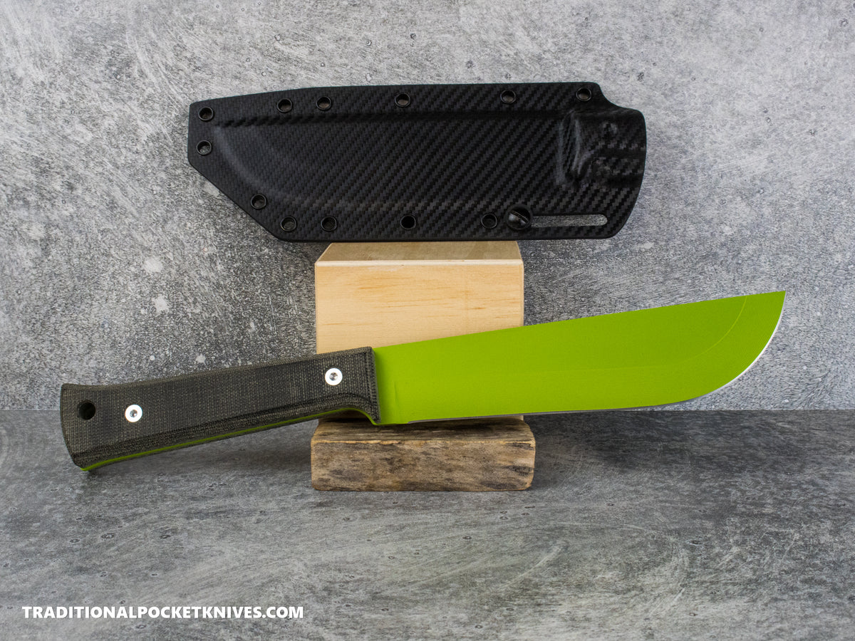 Woods Monkey Half/Chete - Black Micarta Toxic Green Cerakote 1095 Carbon Fiber Kydex Sheath