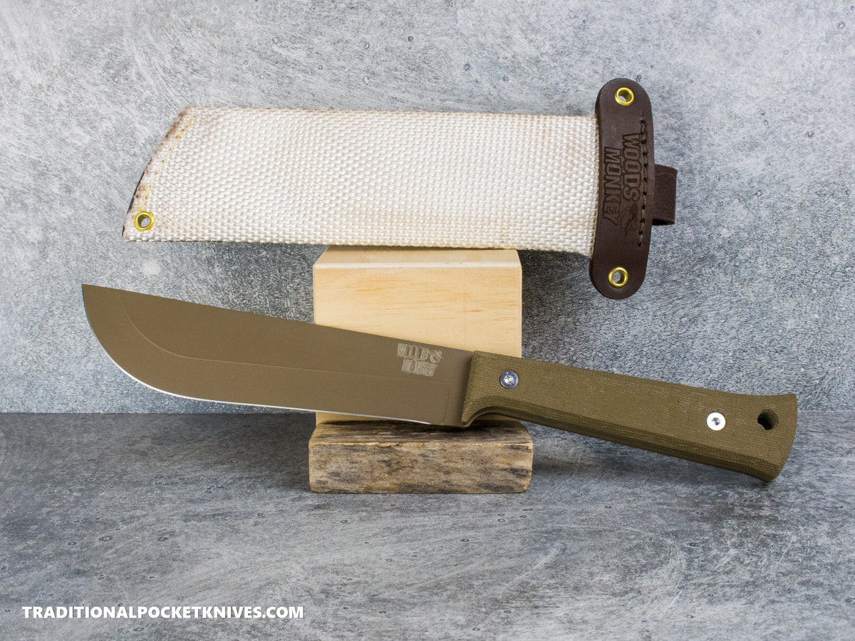 Woods Monkey Half/Chete - Green Micarta Tan Cerakote 1095 Firehose Sheath