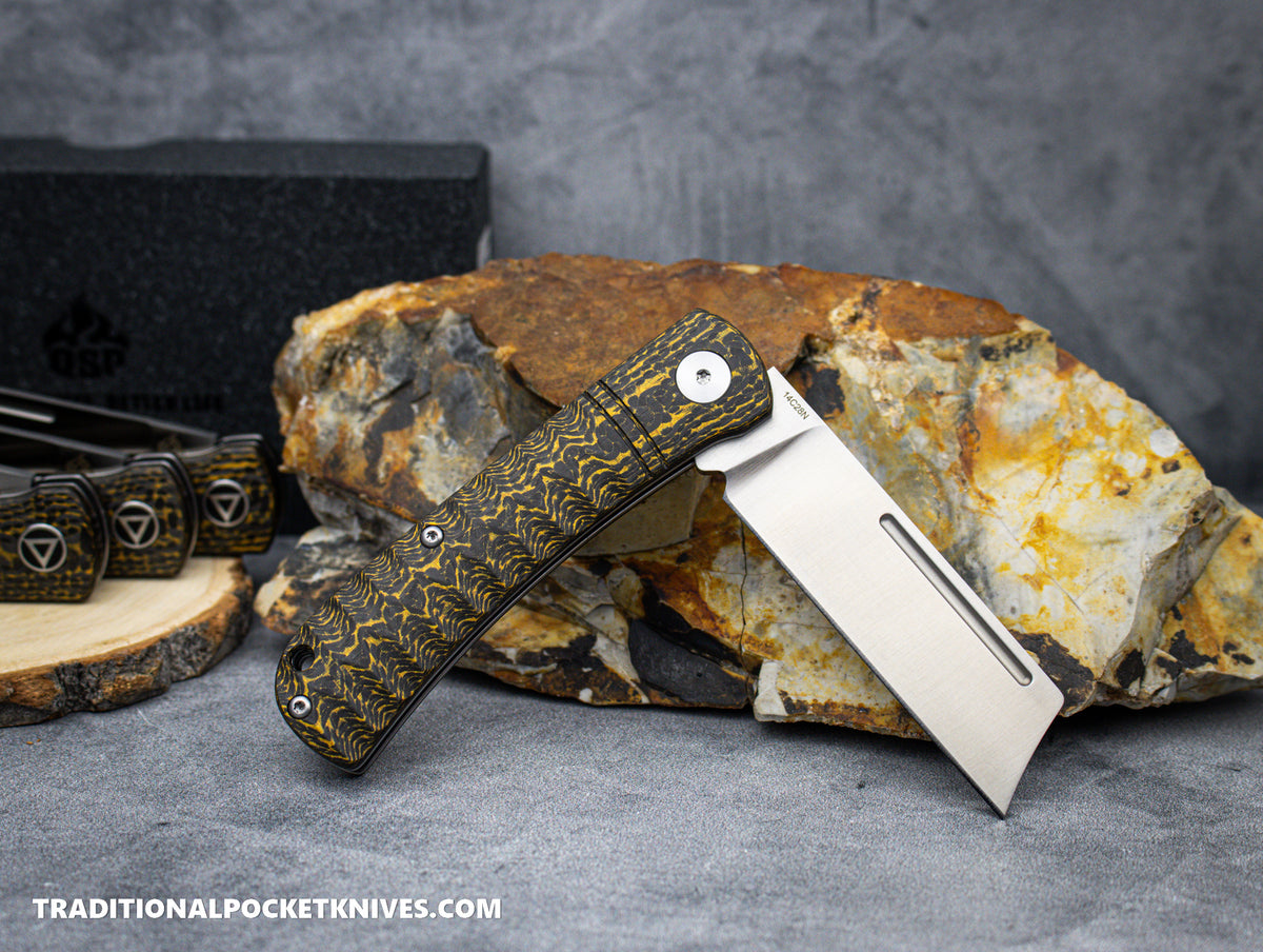 QSP Hedgehog Knife QS142-C Golden Carbon Fiber 14C28N Steel