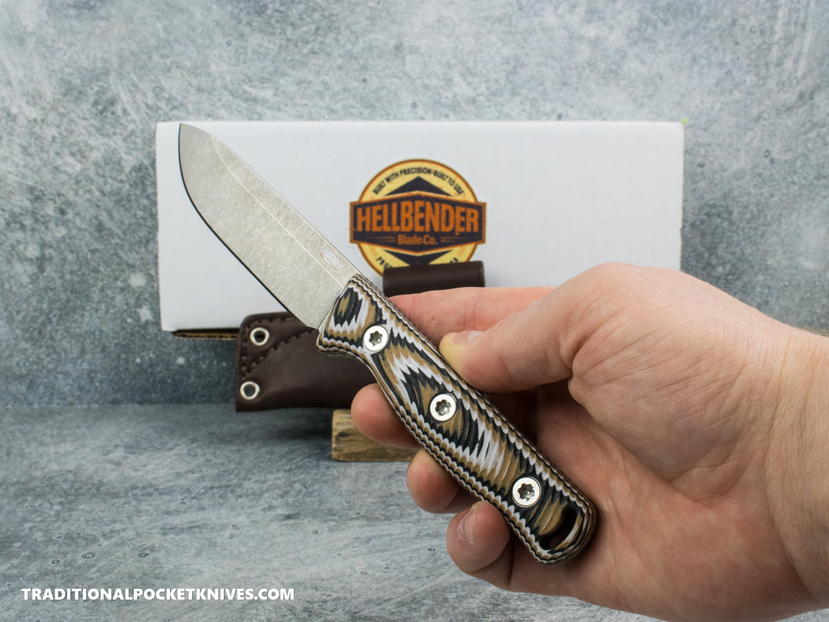 Hellbender Blade Co. Mudpup 4 - Multicolored G10 Tumbled Magnacut Leather Sheath