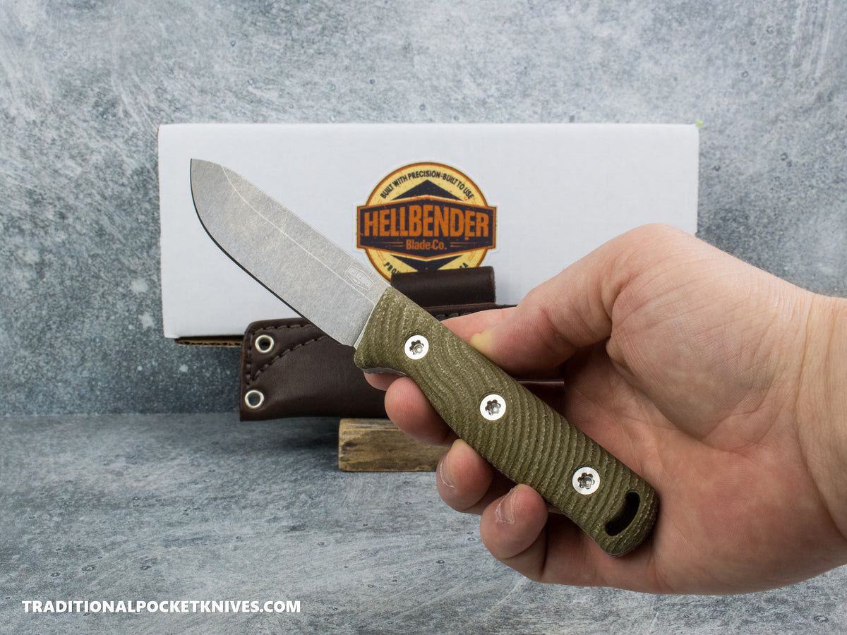 Hellbender Blade Co. Mudpup 4 - OD Micarta Tumbled Magnacut Leather Sheath
