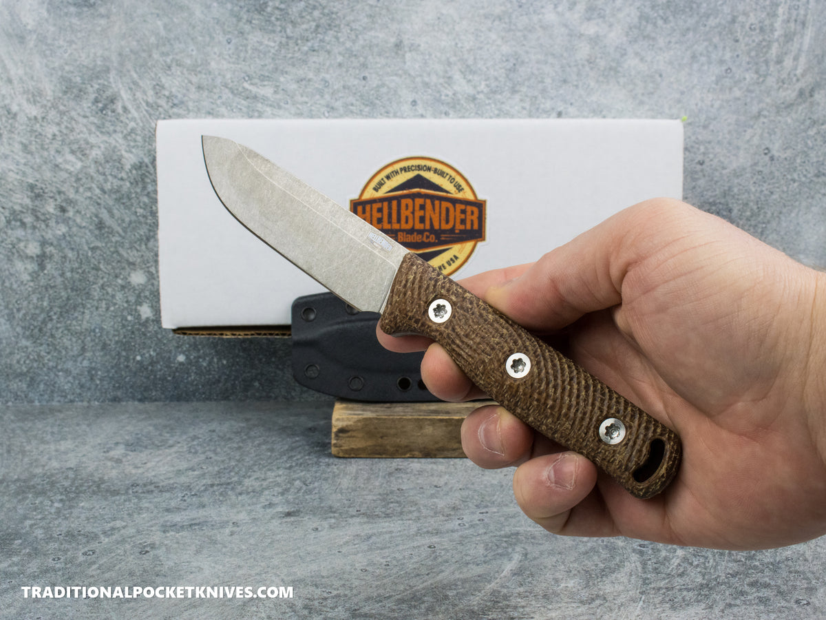 Hellbender Blade Co. Mudpup 4 - Burlap Micarta Tumbled Magnacut Kydex Sheath