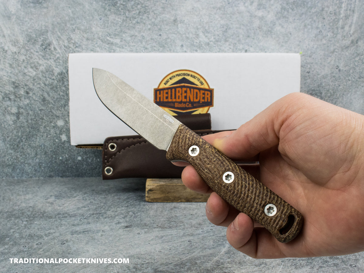 Hellbender Blade Co. Mudpup 4 - Burlap Micarta Tumbled Magnacut Leather Sheath