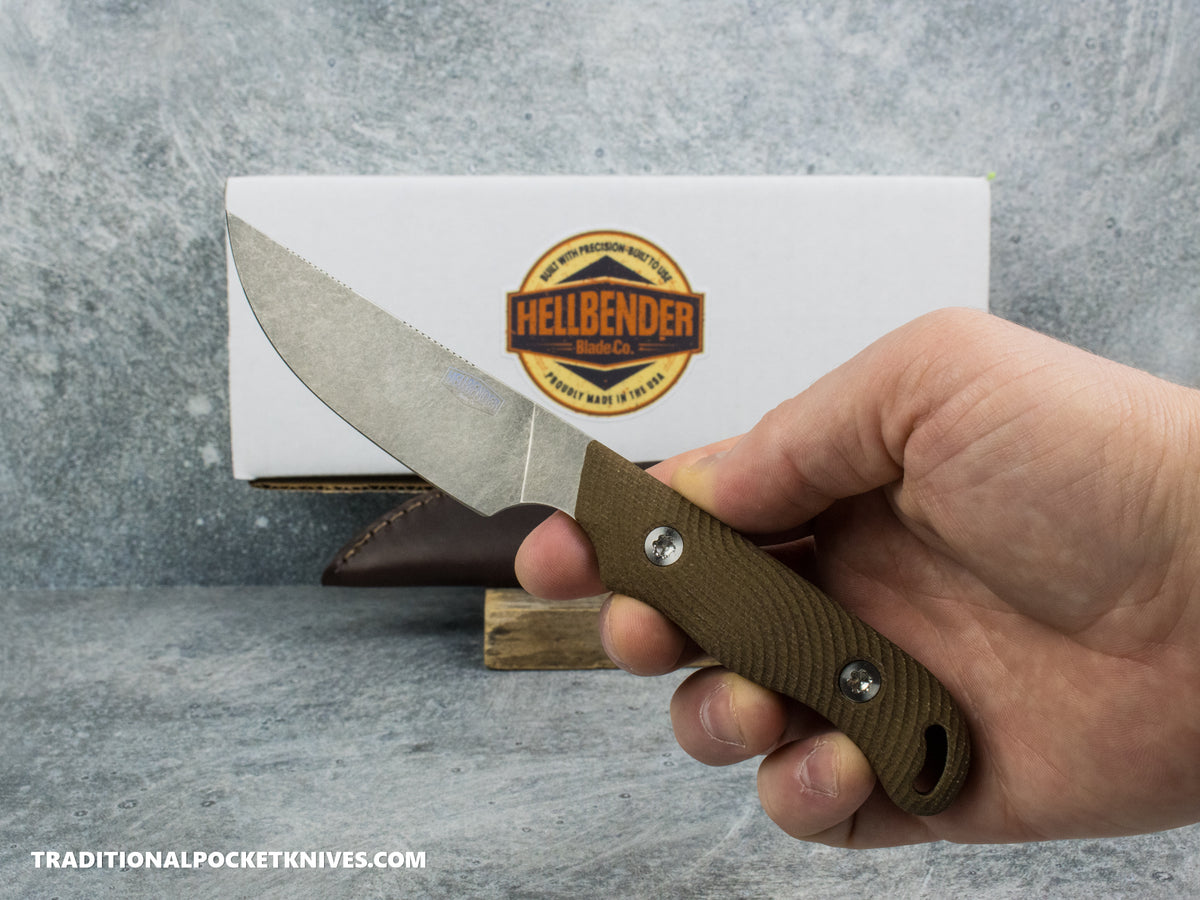 Hellbender Blade Co. Outfitter - OD Green Micarta Tumbled Magnacut