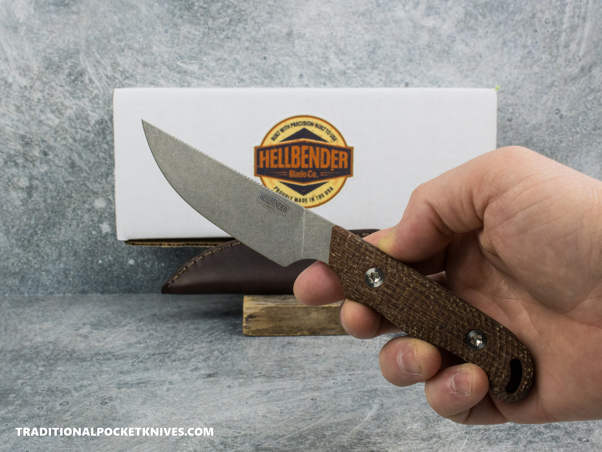 Hellbender Blade Co. Outfitter - Burlap Micarta Tumbled Magnacut