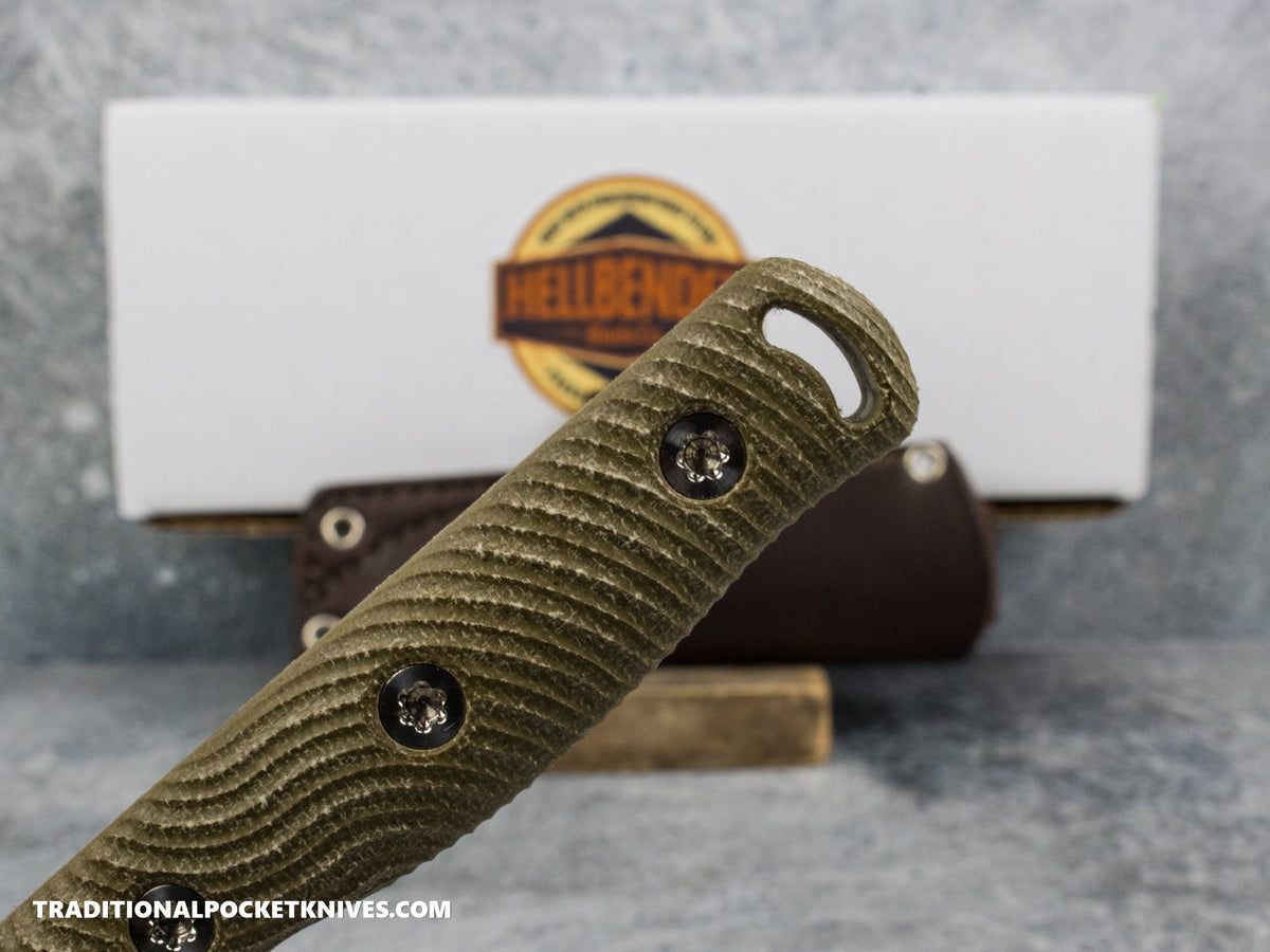 Hellbender Blade Co. Mudpup 4 - OD Micarta Tumbled Magnacut Leather Sheath