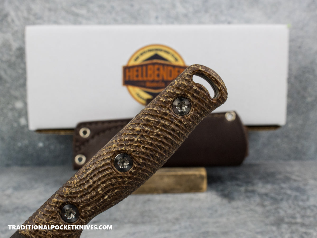 Hellbender Blade Co. Mudpup 4 - Burlap Micarta Tumbled Magnacut Leather Sheath