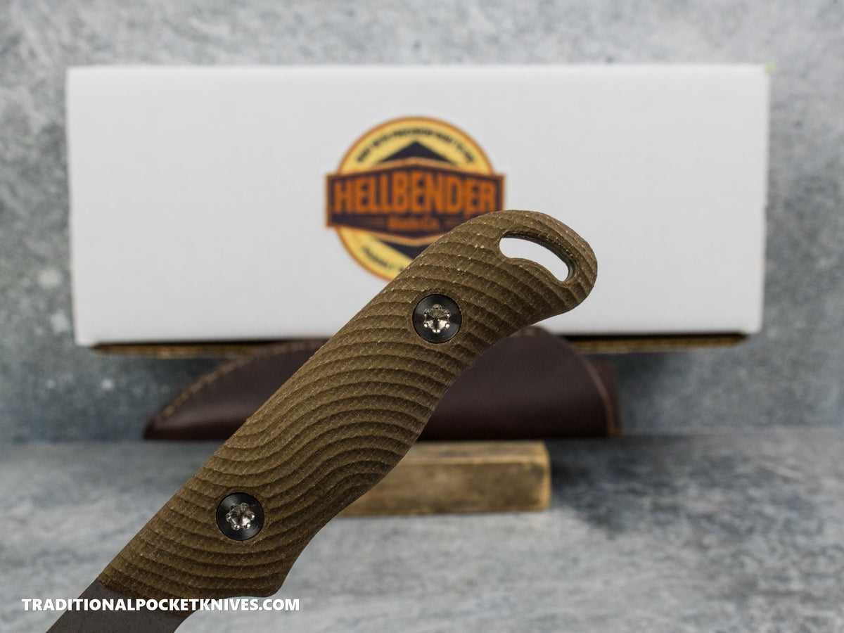 Hellbender Blade Co. Outfitter - OD Green Micarta Tumbled Magnacut