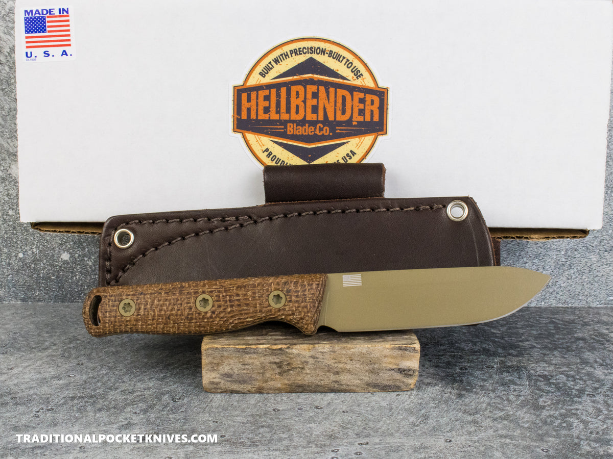 Hellbender Blade Co. Mudpup 4 - Burlap Micarta Coyote Cerakote Magnacut
