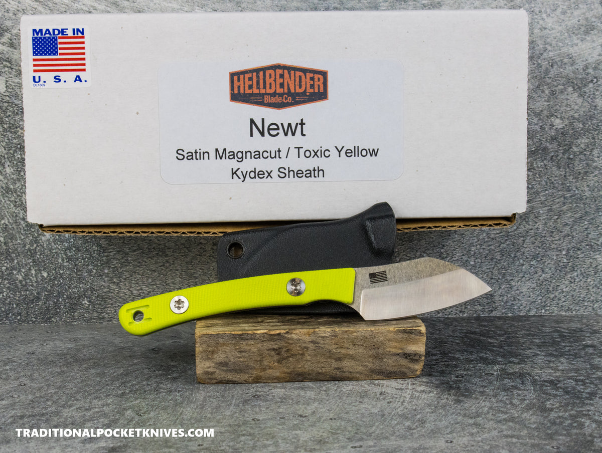 Hellbender Blade Co. Newt - Toxic Yellow G10 Satin Magnacut Kydex Sheath