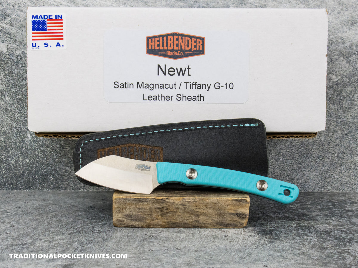 Hellbender Blade Co. Newt - Tiffany G10 Satin Magnacut Leather Sheath