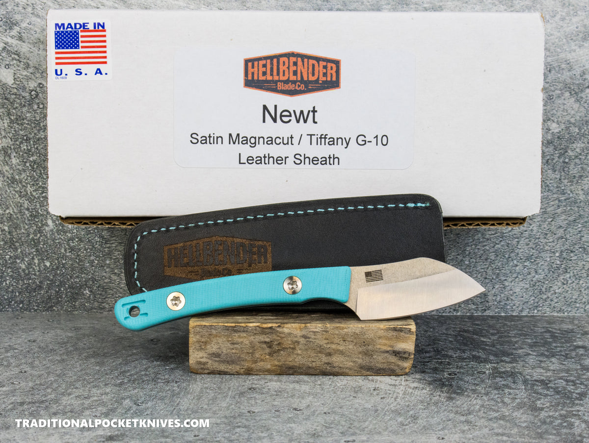 Hellbender Blade Co. Newt - Tiffany G10 Satin Magnacut Leather Sheath
