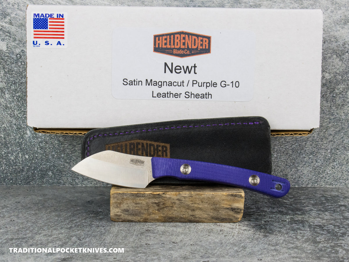Hellbender Blade Co. Newt - Purple G10 Satin Magnacut Leather Sheath