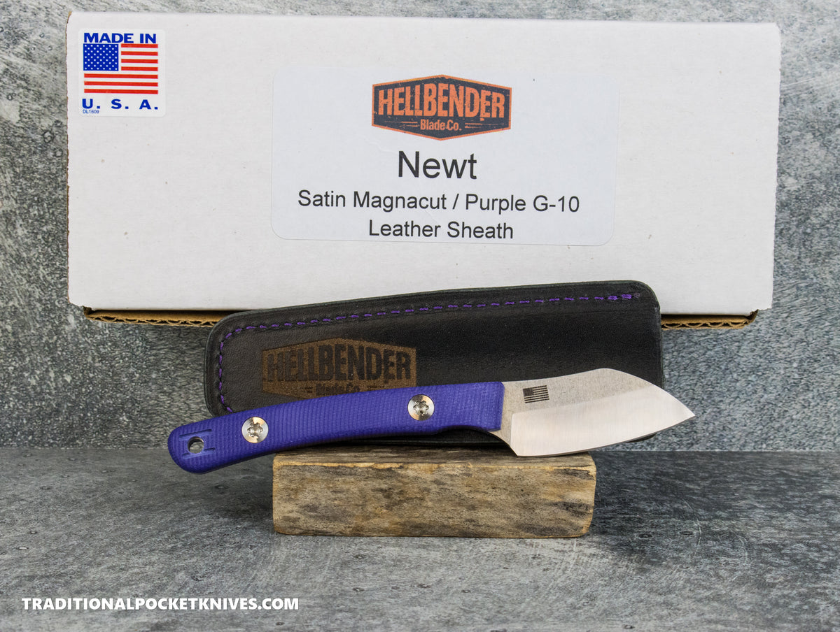 Hellbender Blade Co. Newt - Purple G10 Satin Magnacut Leather Sheath
