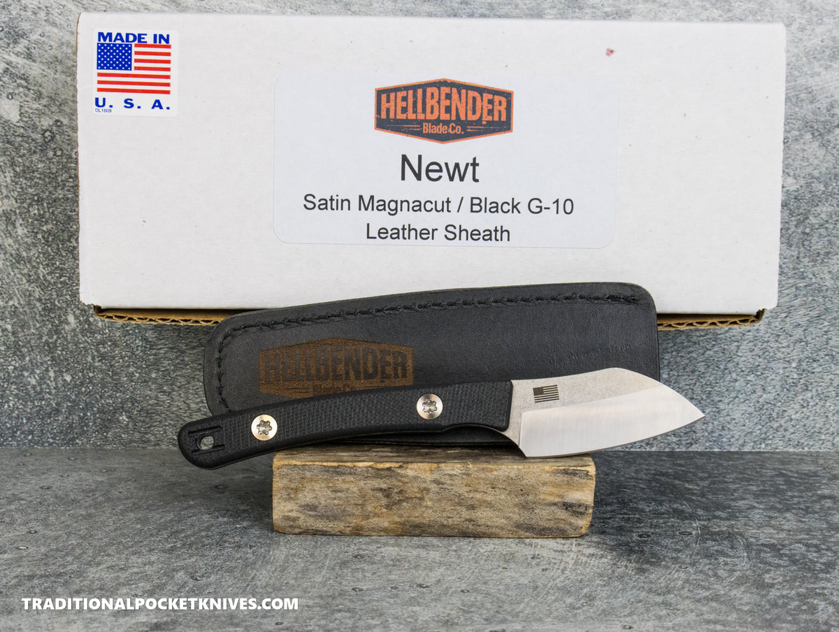 Hellbender Blade Co. Newt - Black G10 Satin Magnacut Leather Sheath