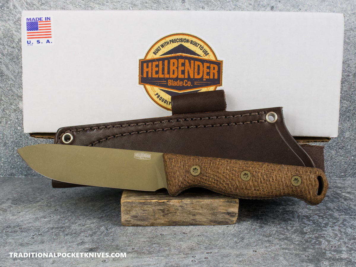 Hellbender Blade Co. Mudpup 5 - Burlap Micarta Coyote Cerakote Magnacut