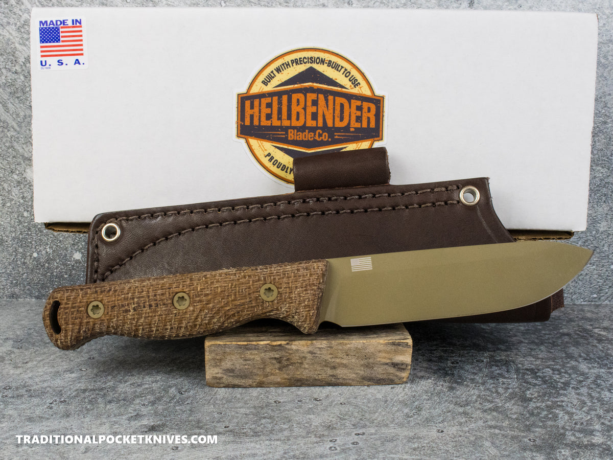 Hellbender Blade Co. Mudpup 5 - Burlap Micarta Coyote Cerakote Magnacut