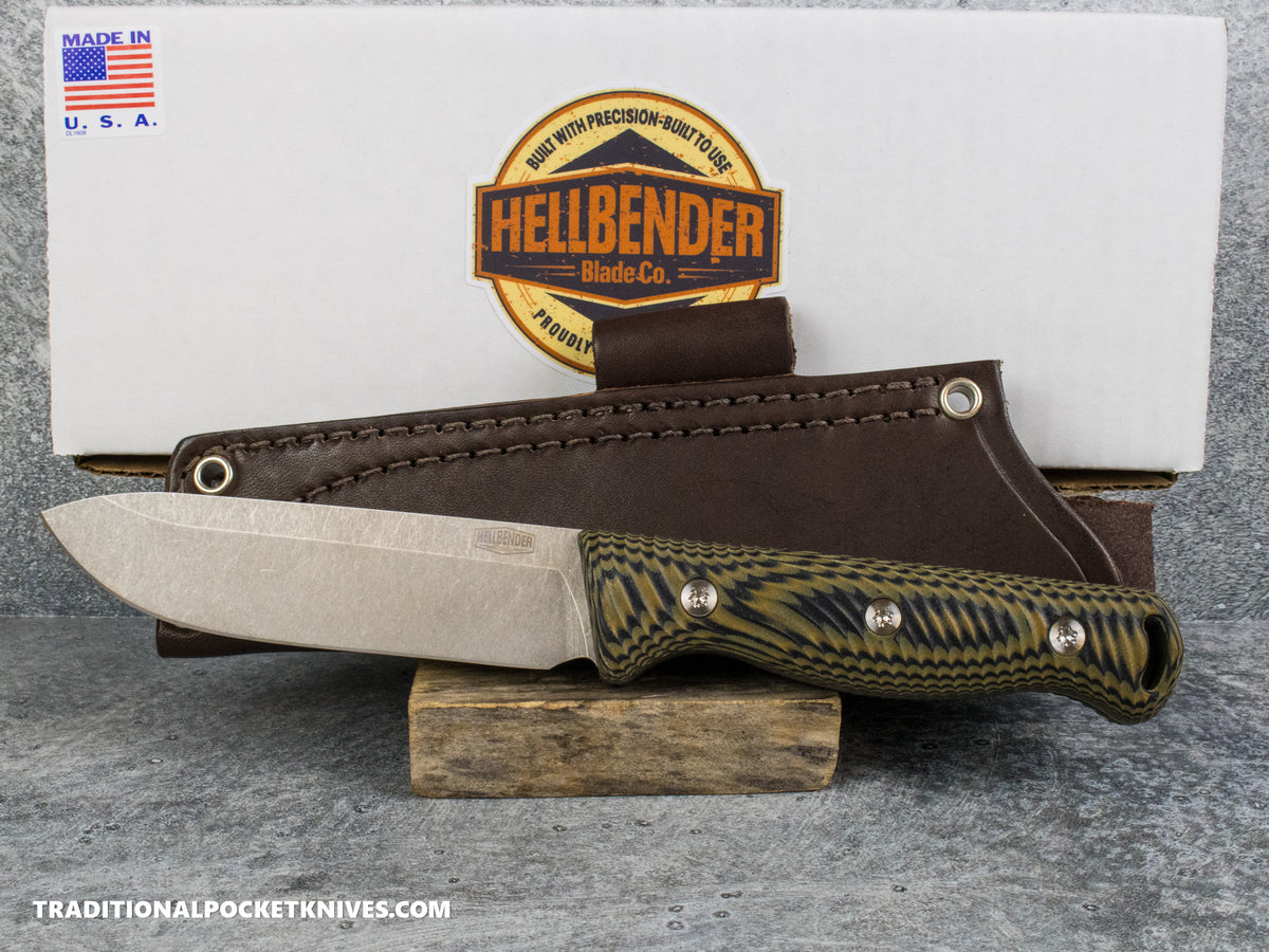 Hellbender Blade Co. Mudpup 5 - Black/OD/FDE G10 Tumbled Magnacut