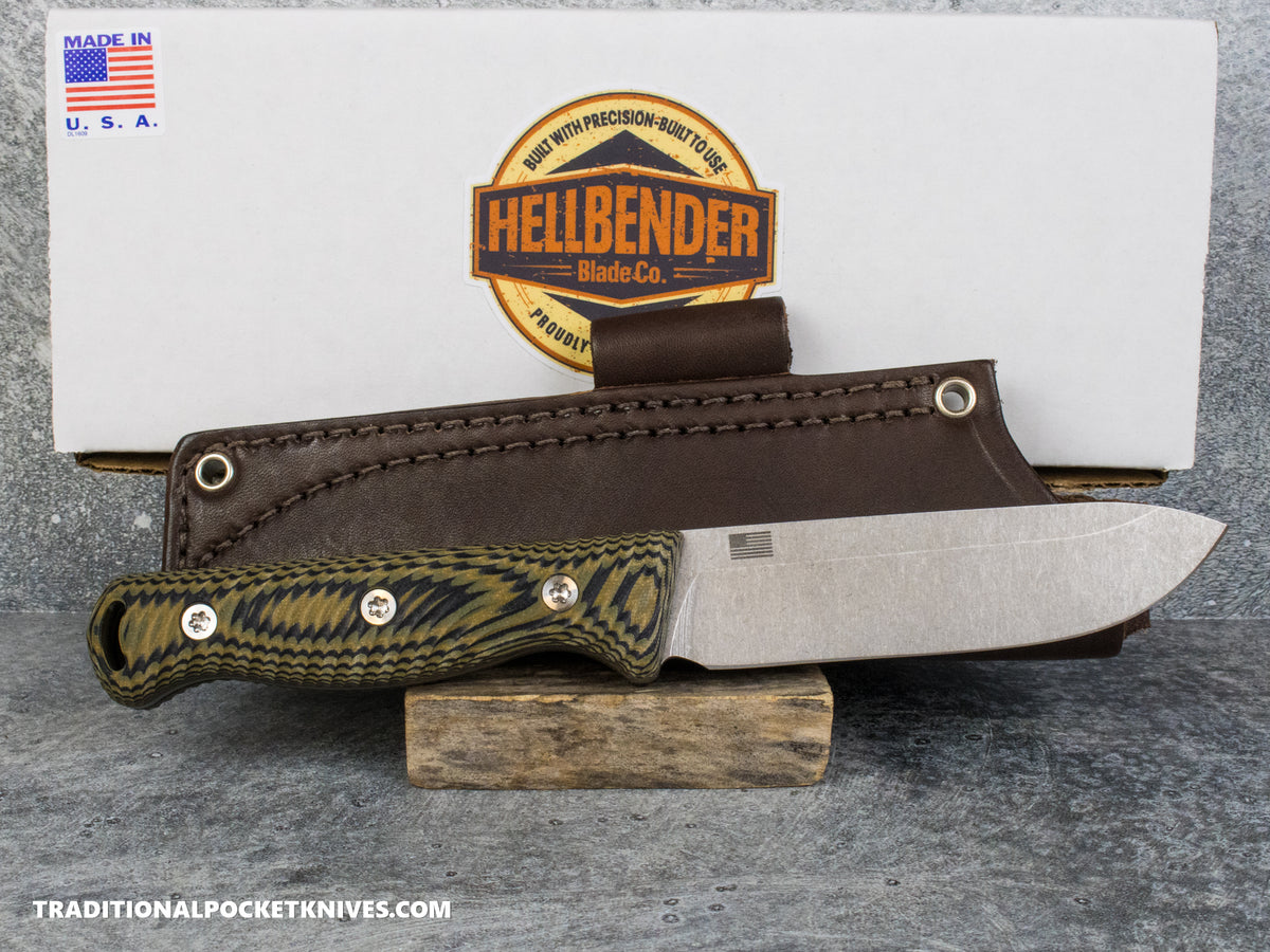 Hellbender Blade Co. Mudpup 5 - Black/OD/FDE G10 Tumbled Magnacut