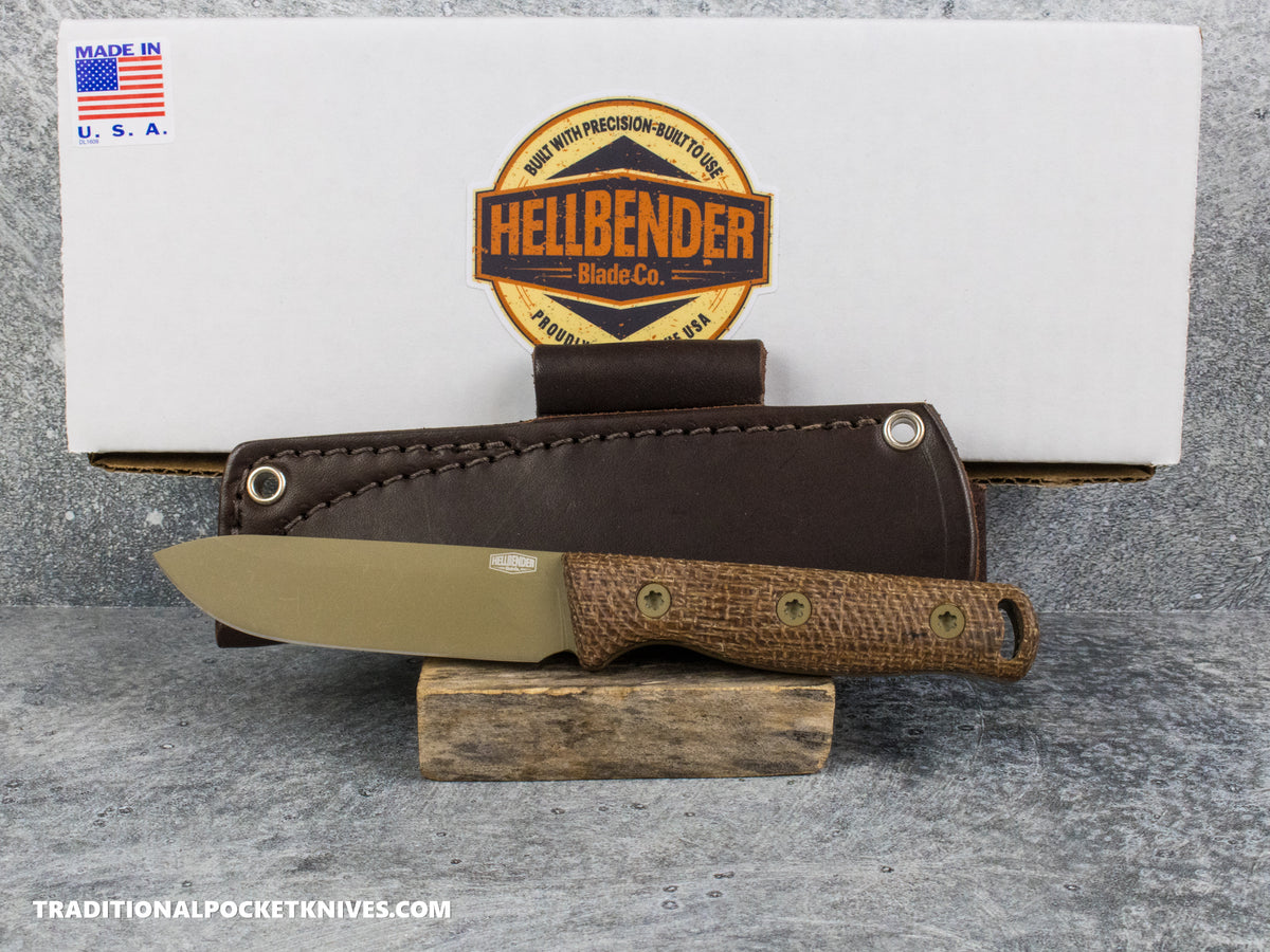 Hellbender Blade Co. Mudpup 4 - Burlap Micarta Coyote Cerakote Magnacut