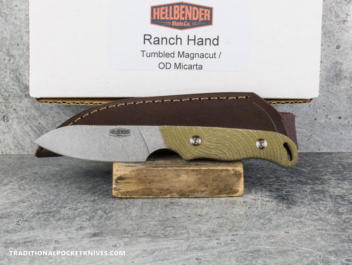 Hellbender Blade Co. Ranch Hand - OD Green Micarta Tumbled Magnacut