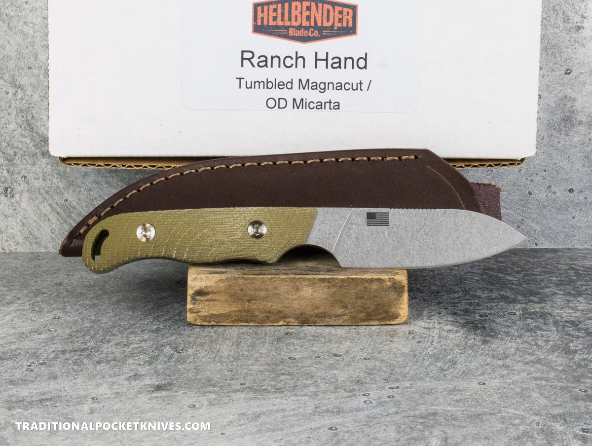 Hellbender Blade Co. Ranch Hand - OD Green Micarta Tumbled Magnacut