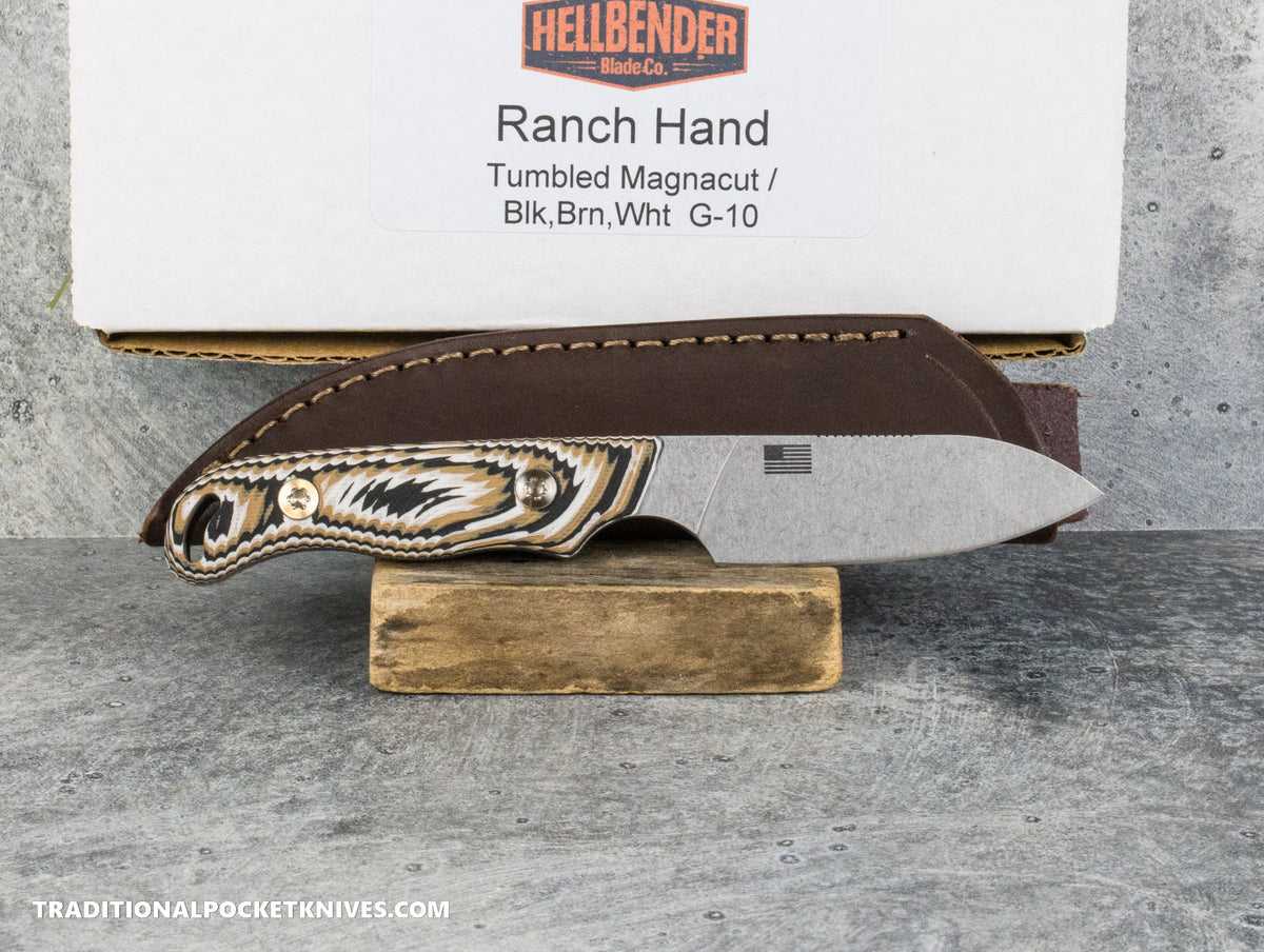 Hellbender Blade Co. Ranch Hand - Multicolored G10 Tumbled Magnacut