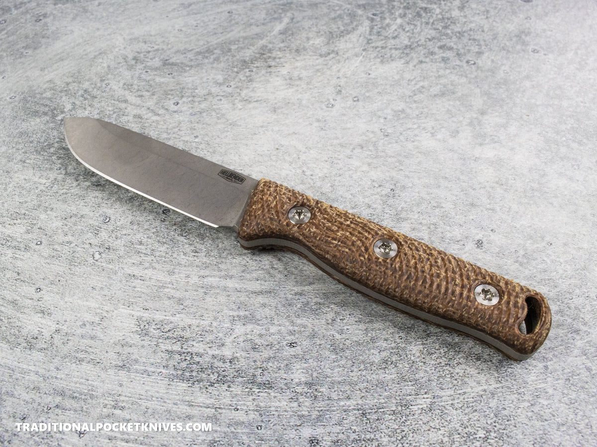 Hellbender Blade Co. Mudpup 4 - Burlap Micarta Tumbled Magnacut Leather Sheath