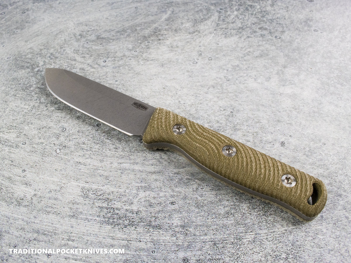 Hellbender Blade Co. Mudpup 4 - OD Micarta Tumbled Magnacut Leather Sheath
