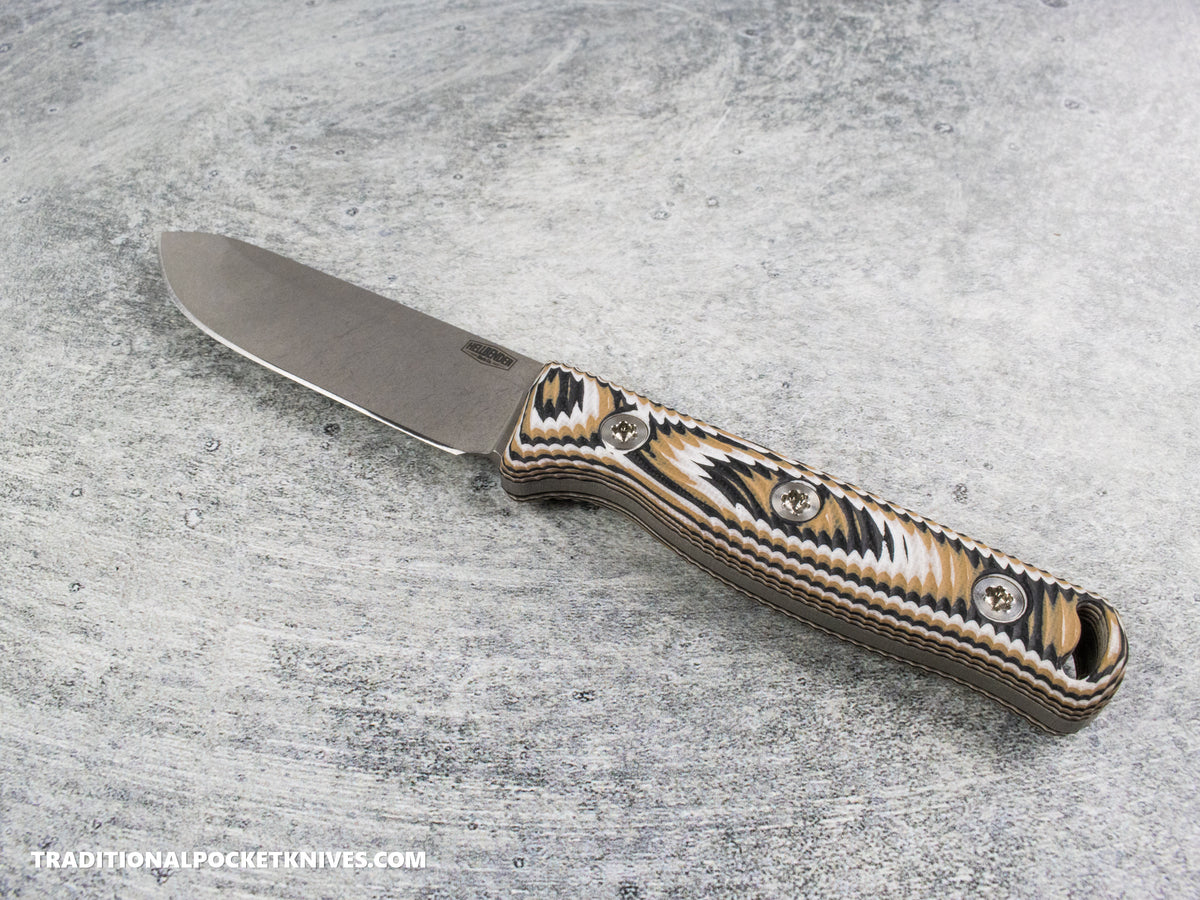 Hellbender Blade Co. Mudpup 4 - Multicolored G10 Tumbled Magnacut Leather Sheath