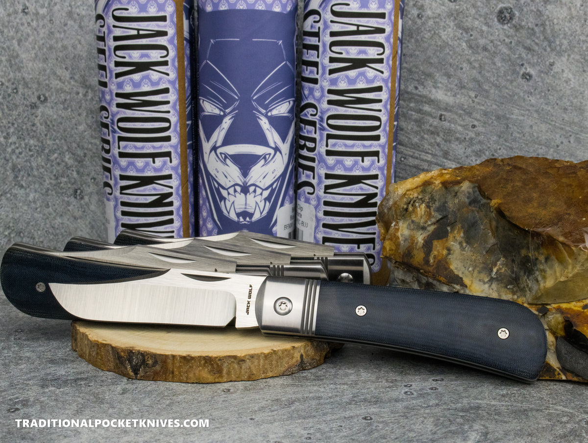 Jack Wolf Knives Benny&#39;s Clip Blue Linen Micarta - Steel Series