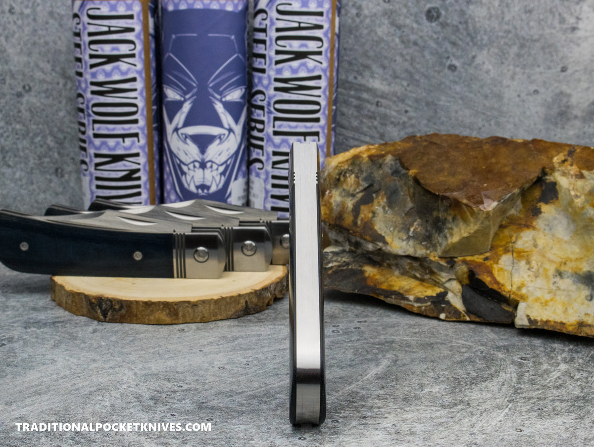Jack Wolf Knives Benny&#39;s Clip Blue Linen Micarta - Steel Series