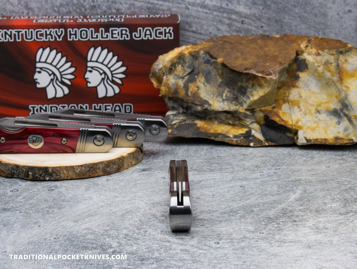 Kentucky Holler Jack: Indian Head Red Pearl Acrylic - Spearpoint 154CM