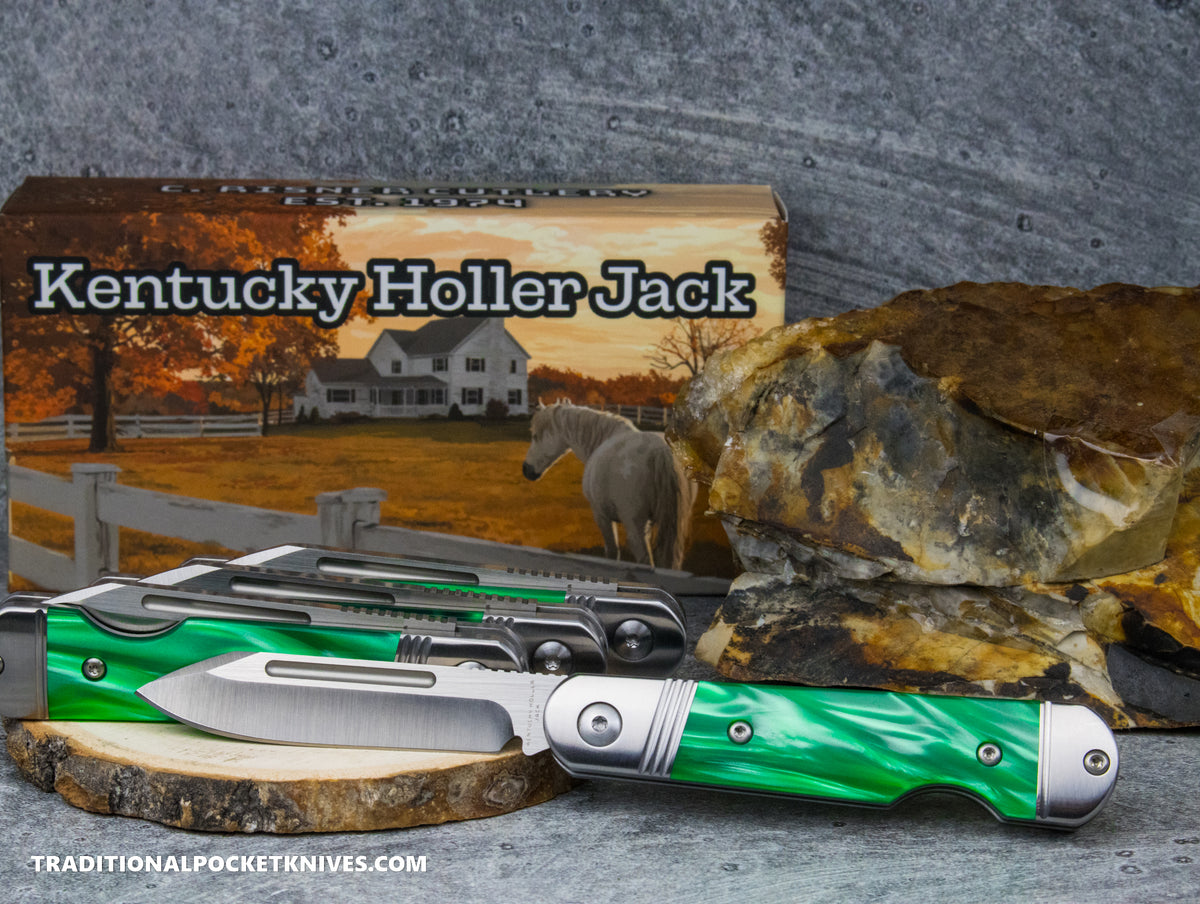 Kentucky Holler Jack: Kirinite Green Pearl Acrylic - Spearpoint 154CM