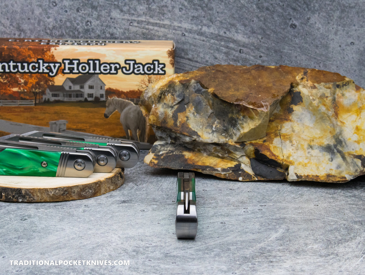 Kentucky Holler Jack: Kirinite Green Pearl Acrylic - Spearpoint 154CM