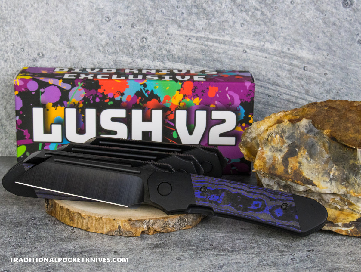 Divo Knives Exclusive Lush V2: Righty - CamoCarbon Purple Flow Vanax DLC Steel
