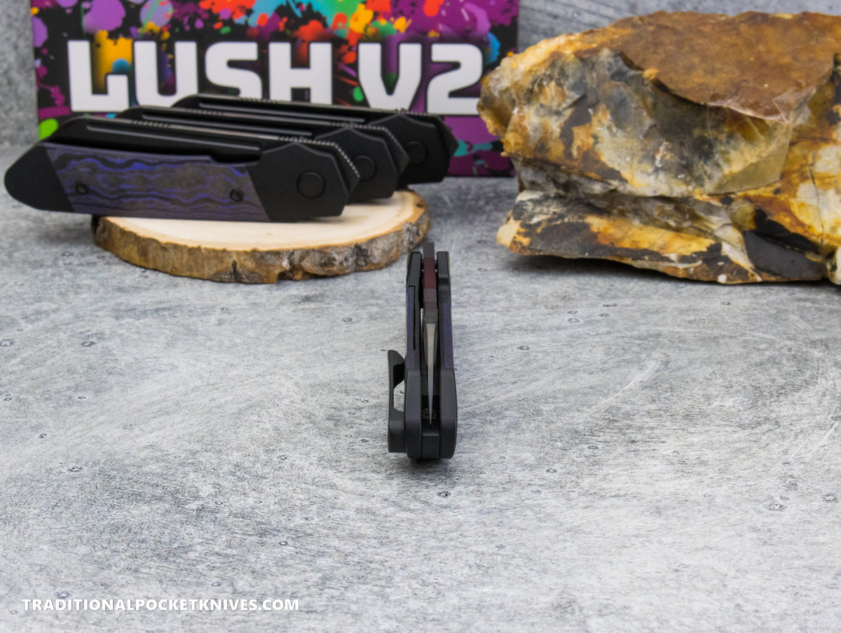 Divo Knives Exclusive Lush V2: Righty - CamoCarbon Purple Flow Vanax DLC Steel