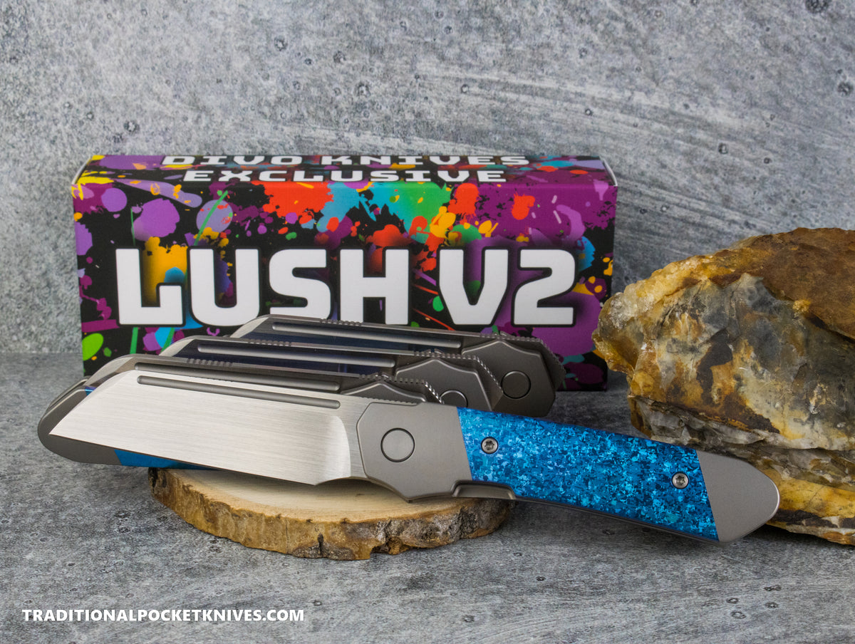 Divo Knives Exclusive Lush V2: Righty - Blue Crystalized Titanium Vanax Steel