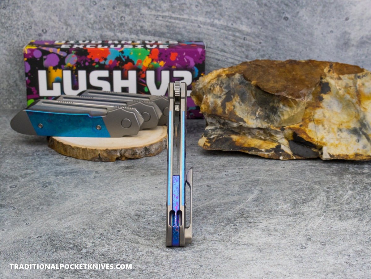 Divo Knives Exclusive Lush V2: Righty - Blue Crystalized Titanium Vanax Steel