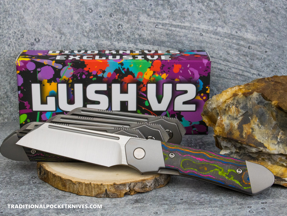 Divo Knives Exclusive Lush V2: Righty - CamoCarbon 80's Vanax Steel